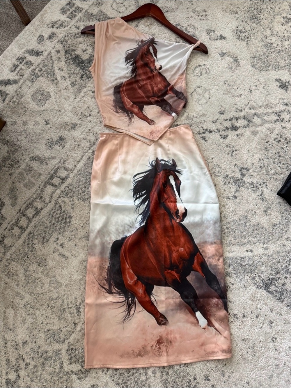PrettyLittleThing Beige and Brown Horse Print Two-Piece Set
